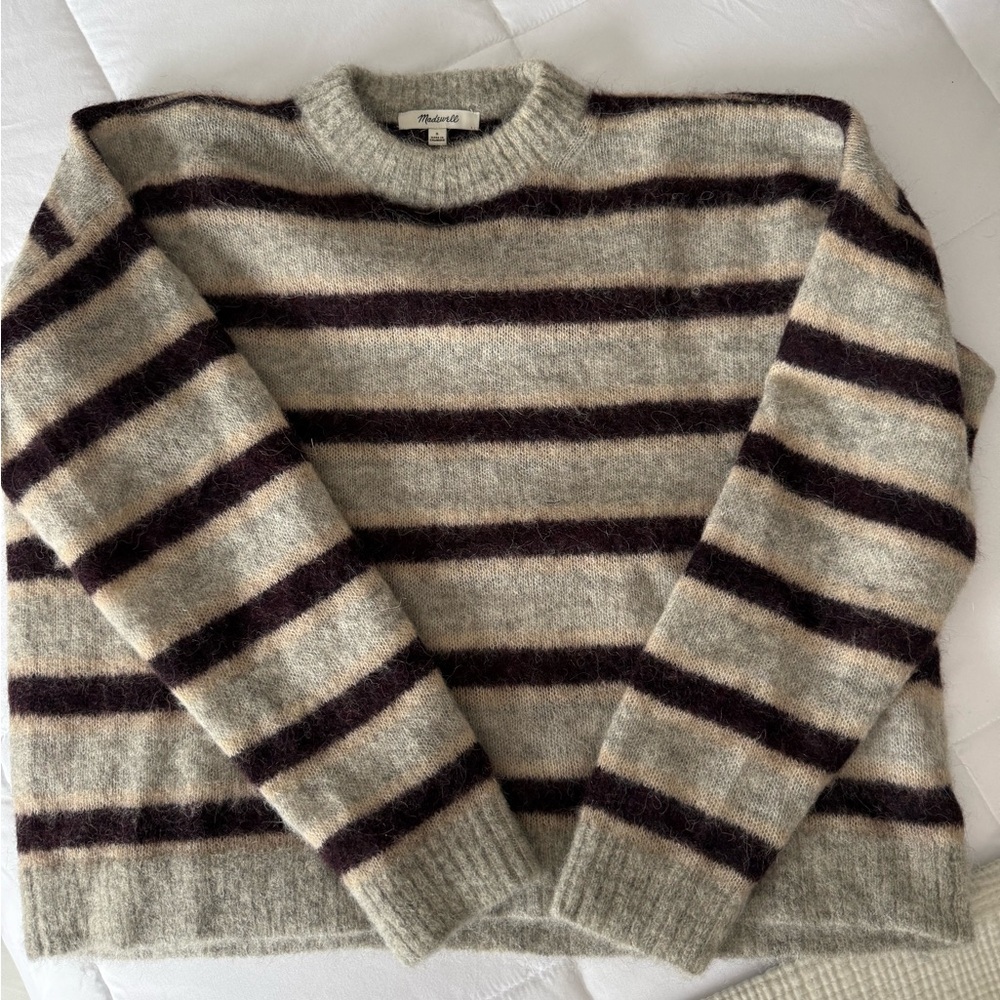 Madewell Crewneck Sweater - Gray and Brown/Plum Stripes